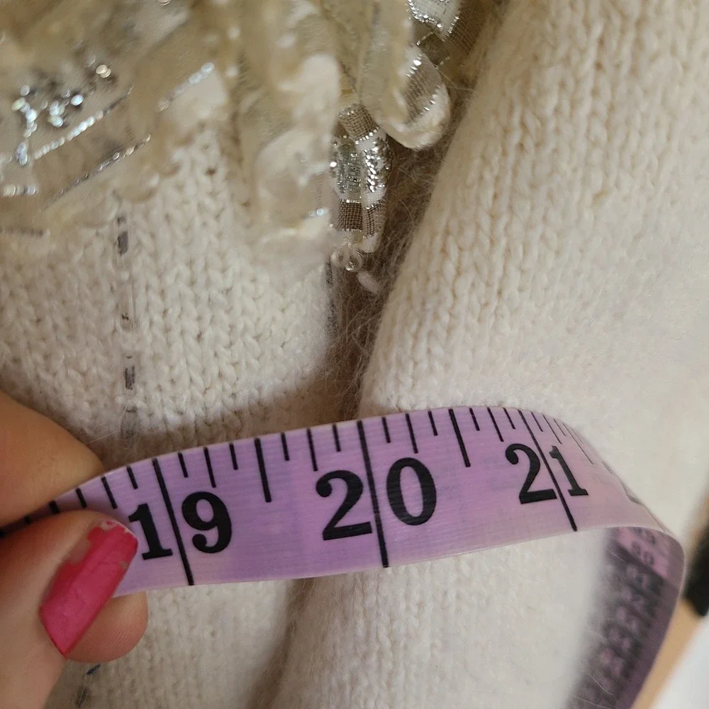 Vintage SML Silk Angora Lambs Wool LARGE Cream Sweater Beaded Flower Cottagecore
